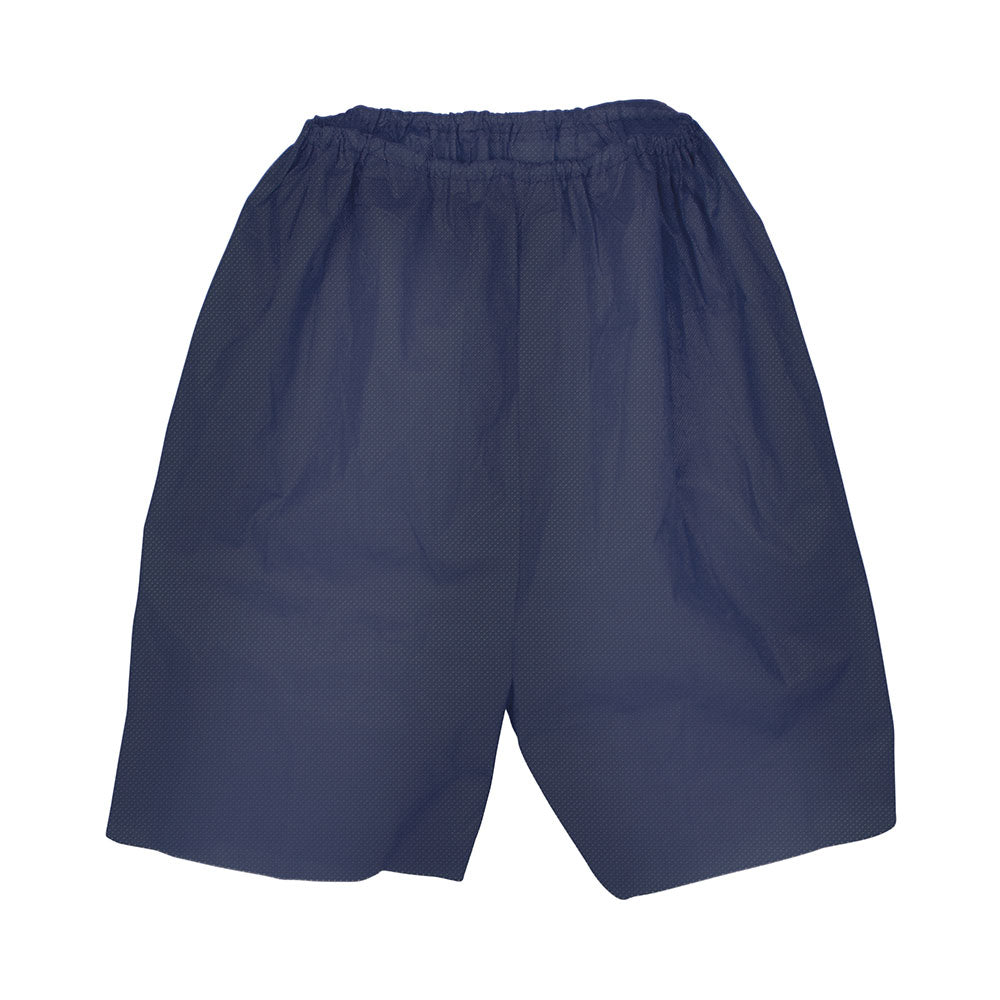 Ein Paar einmalige Koloskopiehosen in Blau, Größe XL, liegend auf einem weißen Hintergrund. Die Hosen sind aus einem leichten, atmungsaktiven Material gefertigt und haben einen elastischen Bund für hohen Tragekomfort. Sie besitzen keine seitlichen Nähte, was sie besonders hygienisch macht. An der Vorderseite sind sie offen geschnitten, um während der Untersuchung einen einfachen Zugang zu ermöglichen.