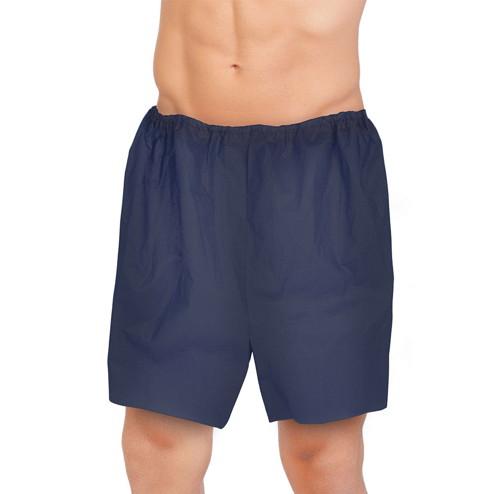 Ein Paar einmalverwendbare Koloskopie-Untersuchungshosen in Blau, Größe XXL, auf einem weißen Hintergrund. Die Hosen bestehen aus leichtem, atmungsaktivem Material und sind so gestaltet, dass sie bequem zu tragen sind. Sie haben einen elastischen Bund für eine optimale Passform und sind mit einem praktischen Schnitt versehen, der den Komfort während der Untersuchung erhöht.