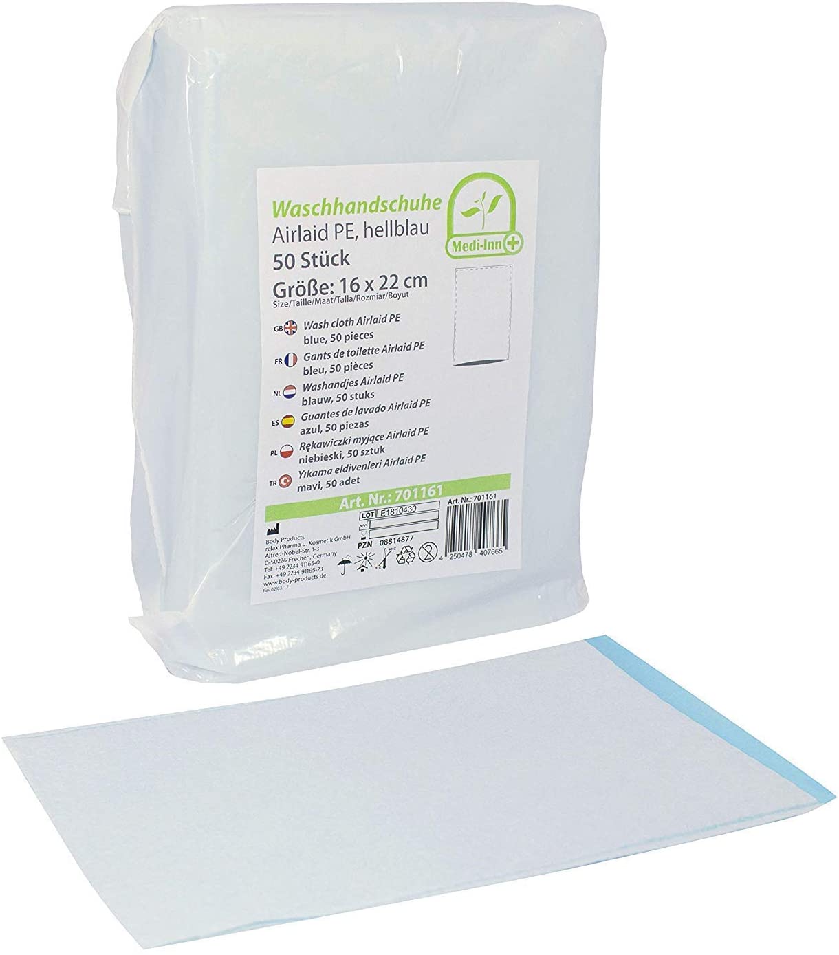 Ein Bild von Einmal-Waschhandschuhen in hellblauer Farbe, gefertigt aus Airlaid-Material mit einer PE-Innenbeschichtung. Die Handschuhe sind gefaltet und nebeneinander auf einem weißen Hintergrund angeordnet. Die Oberseite der Handschuhe zeigt eine matte, strukturierte Oberfläche, während die Innenseite glänzend aussieht. Jedes Paar misst 15 x 22 cm.