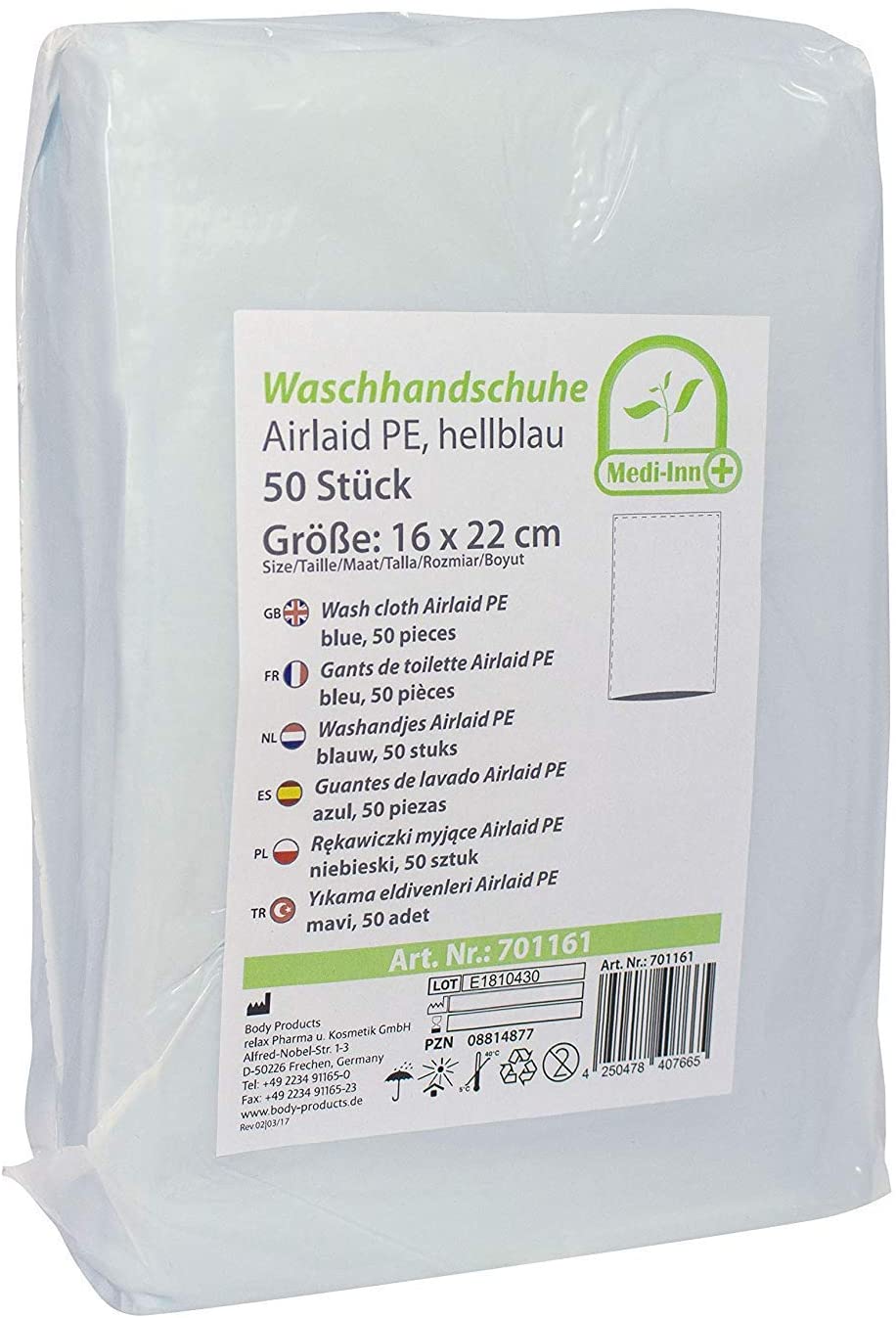 Ein Produktbild zeigt hellblaue Einmal-Waschhandschuhe aus Airlaid-Material mit einer PE-Innenbeschichtung. Die Handschuhe sind auf einem weißen Hintergrund platziert und zeigen eine glatte, leicht strukturierte Oberfläche. Jeder Handschuh hat eine umgeschlagene Manschette, die eine bequeme Passform ermöglicht. Die Abmessungen betragen 15 x 22 cm. Der Artikel ist ideal für den Einsatz in verschiedenen Bereichen, wie Pflege, Haushalt oder Gastronomie.