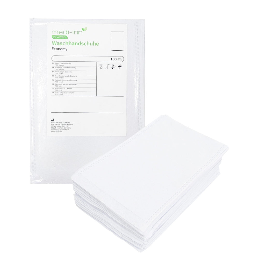 Ein Paket mit Einmal-Waschhandschuhen der Marke Medi-Inn. Die Handschuhe in der Größe 15 x 22 cm sind in einer klaren, plastic Verpackung sichtbar. Auf der Vorderseite der Verpackung sind Informationen zur Produktbezeichnung sowie die Anzahl der verfügbaren Handschuhe abgebildet. Der Hintergrund der Verpackung ist schlicht, damit die Handschuhe und die Produktdetails gut zur Geltung kommen. Die Farben sind überwiegend in Blau und Weiß gehalten.