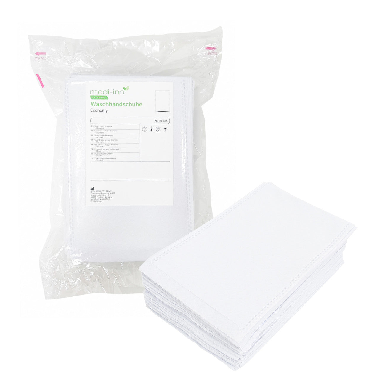 Ein Paket mit 100 weißen Einmal-Waschhandschuhen in der Größe 15 x 22 cm. Die Handschuhe sind in einem klaren Plastikbeutel verpackt, der auf der Vorderseite mit einem farbigen Etikett versehen ist. Das Etikett zeigt das Produktbild sowie den Markennamen "Medi-Inn" und den Hinweis auf die Verwendung als Economy-Waschhandschuhe. Der Beutel ist leicht transparent, sodass die Handschuhe gut sichtbar sind. Die Waschhandschuhe eignen sich ideal für hygienische Anwendungen in der Pflege und im Haushalt.