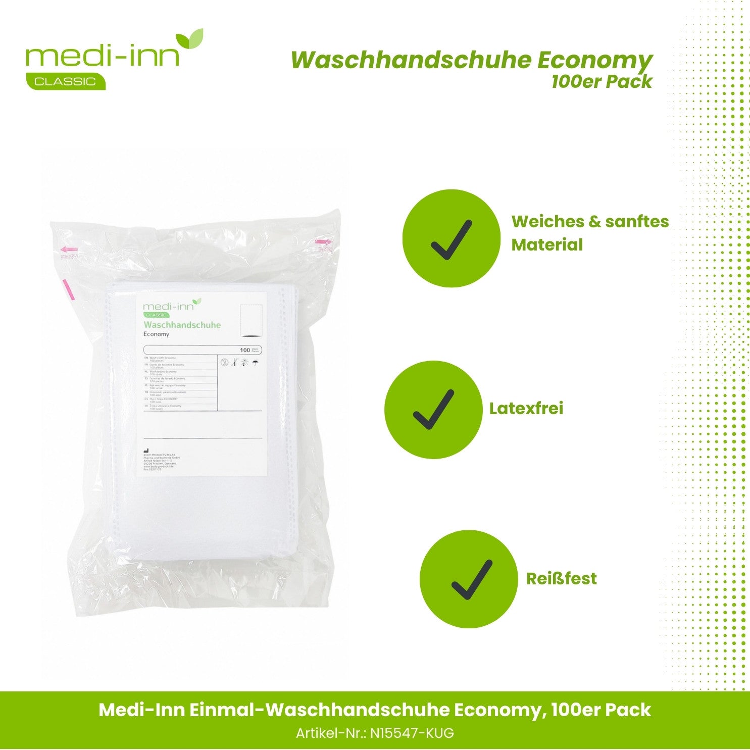 Ein transparentes Paket mit 100 Einmal-Waschhandschuhen liegt flach auf einer weißen Oberfläche. Die Handschuhe sind aus dünnem, flexiblem Material und wirken hygienisch. Auf der Vorderseite des Pakets sind Produktdetails abgedruckt: "Medi Inn Einmal-Waschhandschuhe", darunter steht "Economy 15 x 22 cm" und "100er Pack". Die Schrift ist klar und gut lesbar, vorwiegend in Schwarz und Blau. Der Hintergrund des Pakets ist neutral, was den Fokus auf die Handschuhe und die Produktinformationen lenkt.
