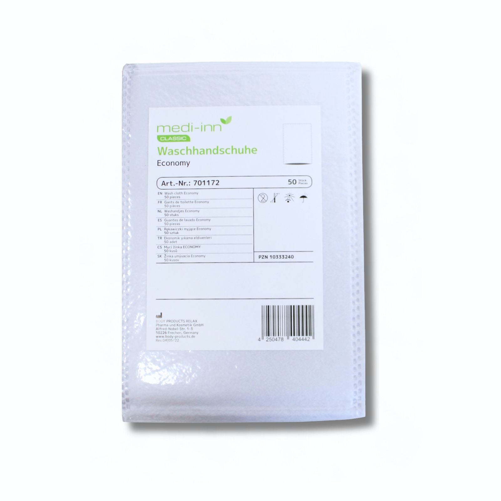 Ein Bild von einer Verpackung mit Einmal-Waschhandschuhen der Marke Medi-Inn. Die Verpackung ist transparent, zeigt mehrere weiße Handschuhe in der Größe 15 x 23 cm. Die Vorderseite ist mit dem Schriftzug "Einmal Waschhandschuhe Economy" versehen, zusammen mit einer Grafik eines Handschuhs. Im Hintergrund ist ein dezenter, einfarbiger Hintergrund, der die Verpackung hervorhebt. Die Produktverpackung wirkt sauber und professionell, ideal für den Einsatz in der medizinischen oder hygienischen Betreuung.