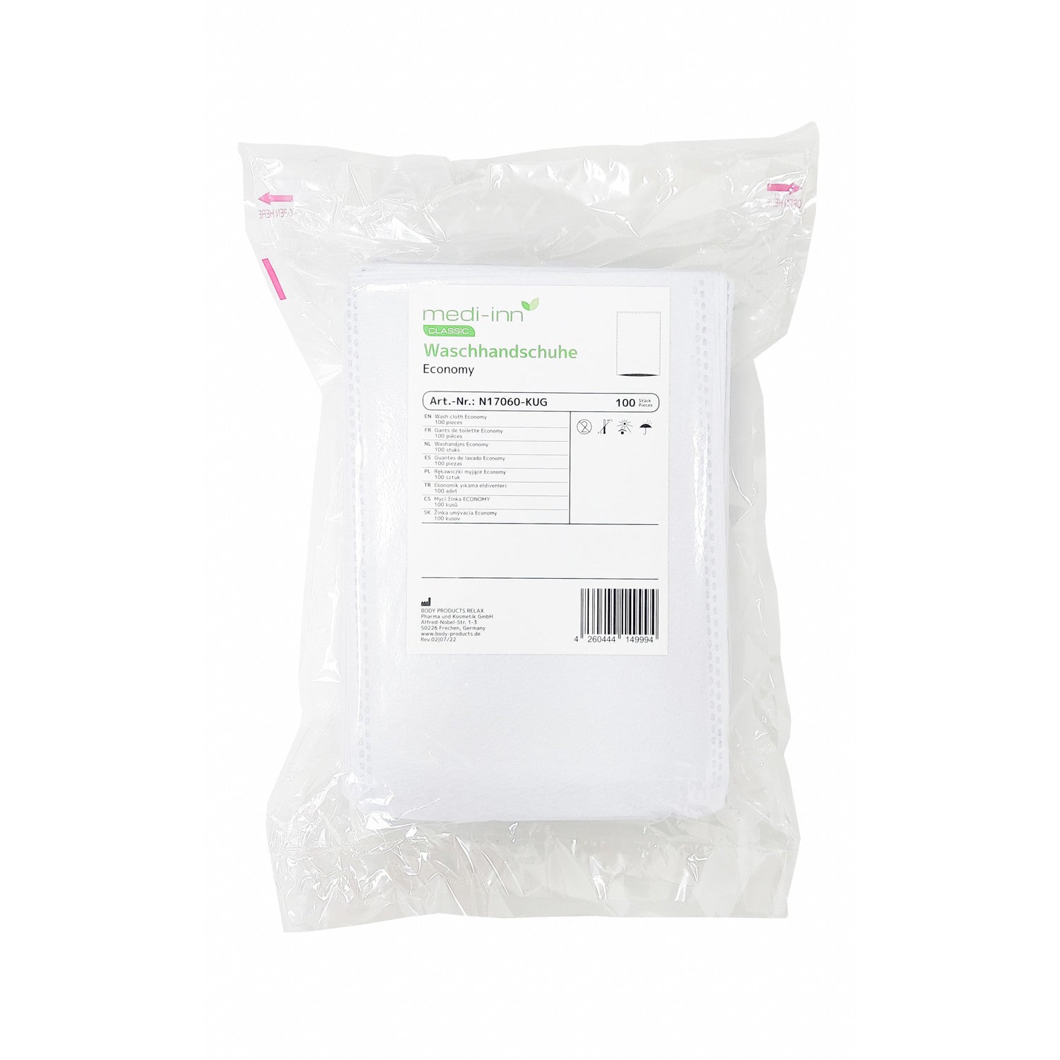 Ein Produktbild zeigt einen weißen, rechteckigen Karton mit der Aufschrift „Medi-Inn Einmal-Waschhandschuhe Economy“. Der Karton befindet sich auf einem hellen Hintergrund und enthält die Produktinformationen, einschließlich der Abmessungen von 15 x 23 cm und der Menge von 100 Stück. Die Verpackung ist schlicht gestaltet, mit einem modernen Design und klarer Typografie. Ein kleines Symbol weist auf die Einmalverwendbarkeit der Handschuhe hin.