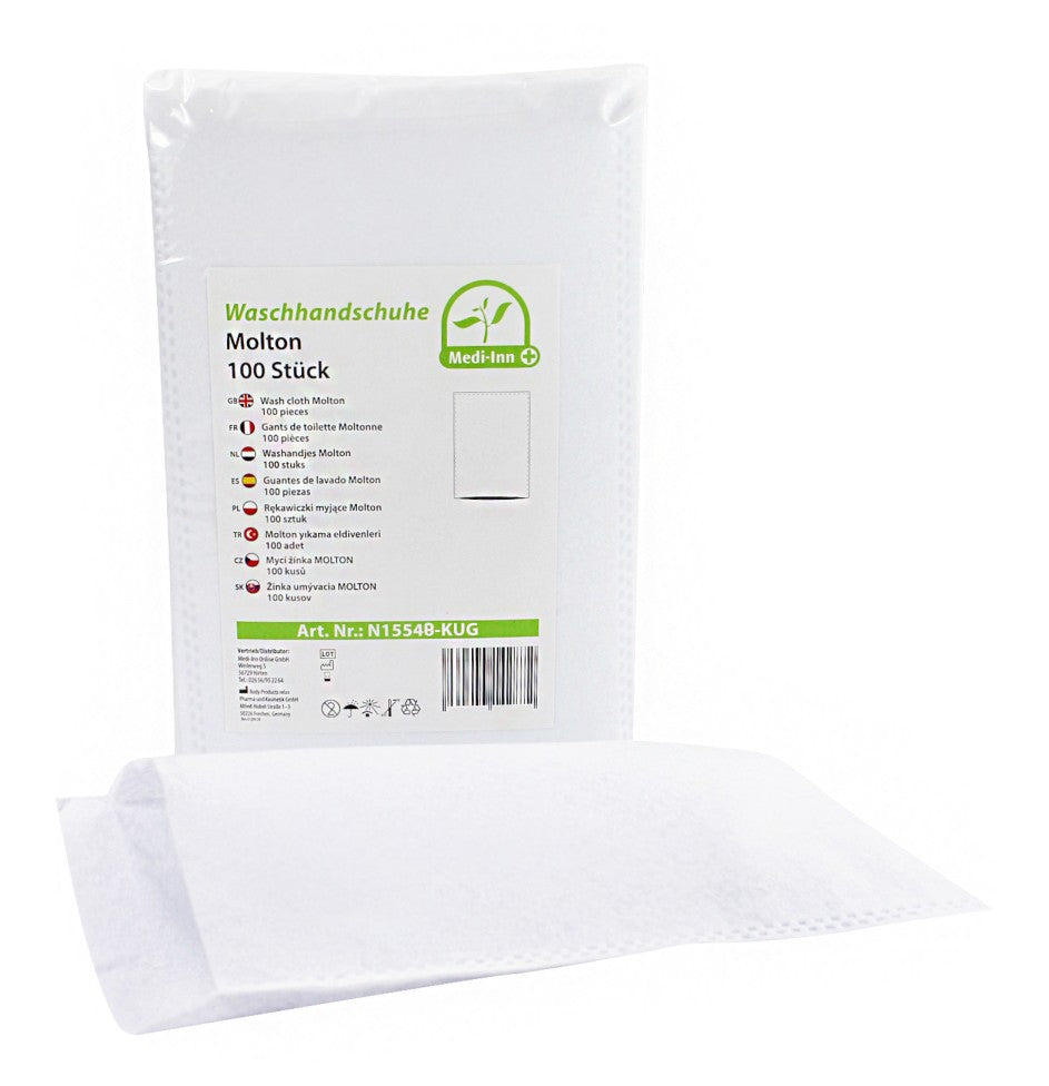 Ein Bild von einem 100er-Pack Medi-Inn Einmal-Waschhandschuhen aus Molton. Die Handschuhe sind in einer rechteckigen Form mit einer Größe von 15 x 22 cm. Sie sind in einem sauberen, weißen Farbton gehalten und können vielseitig in der Körperpflege, im Krankenhaus oder im Alltag verwendet werden. Der Packungsinhalt ist leicht erkennbar, und die Verpackung zeigt ein klares Bild der Handschuhe mit dem entsprechenden Produktnamen und einer Produktnummer.