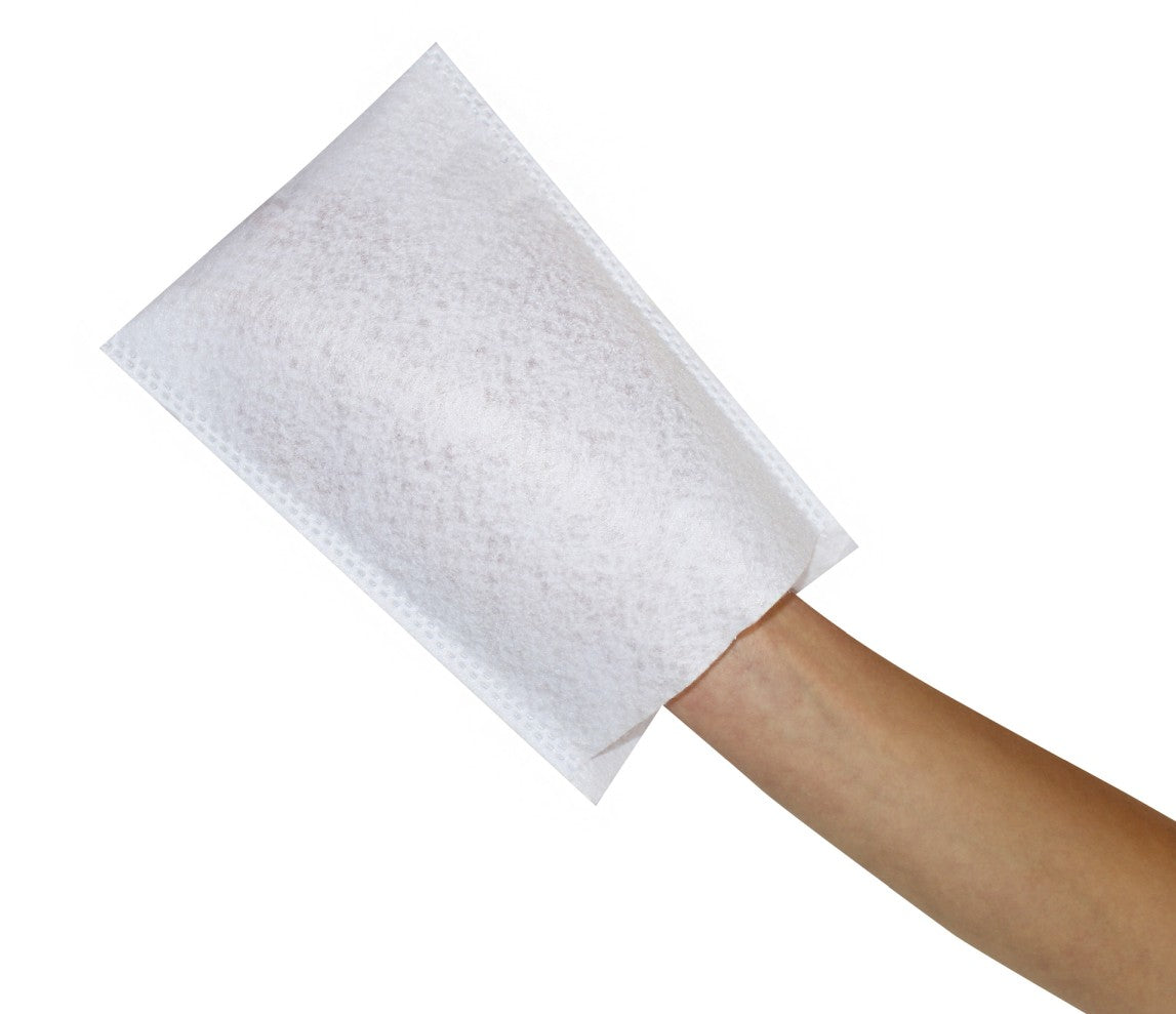 Weiße Einmal-Waschhandschuhe aus Molton, gefertigt aus weichem, saugfähigem Material. Die Handschuhe sind in einer Verpackung zu sehen, die 100 Stück umfasst. Jedes Produkt hat die Maße 15 x 22 cm und eignet sich ideal für den hygienischen Gebrauch im Gesundheitsbereich oder im Alltag. Die Handschuhe sind atmungsaktiv und bieten einen hohen Tragekomfort. Die Verpackung ist klar und übersichtlich gestaltet, um die Handhabung zu erleichtern.