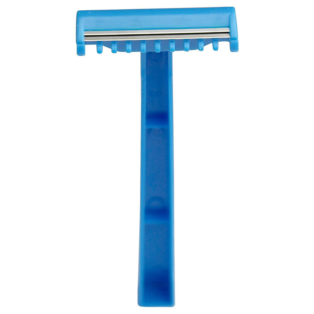 Ein blau-farbener Einwegrasierer ist auf einem weißen Hintergrund abgebildet. Der Rasierer hat eine schlichte, ergonomische Form mit einem komfortablen Griff. Die Klingenansicht zeigt eine präzise angeordnete Doppelklinge, die für eine sanfte und gründliche Rasur sorgt. Neben der Klingenfläche ist ein Gleitstreifen zu erkennen, der für zusätzlichen Schutz und eine gleichmäßige Rasur sorgt.