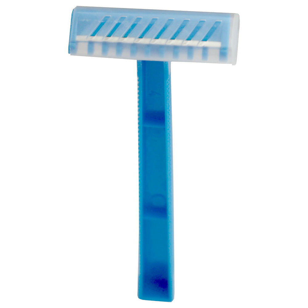 Bild eines zweischneidigen Einwegrasierers in blauer Ausführung. Der Rasierer hat eine ergonomisch geformte Griffstruktur, die eine komfortable Handhabung ermöglicht. Die Klinge ist schmal und präzise, ideal für eine gründliche Rasur. Im Hintergrund ist ein leicht unscharfer, neutraler Untergrund zu sehen, der den Fokus auf den Rasierer lenkt. Der Rasierer ist in einer Position abgebildet, die die Klingen und den Griff klar zeigt, sodass die Details gut erkennbar sind.