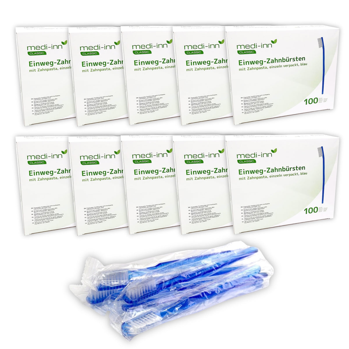 Ansicht mehrerer blauen Medi-Inn Einmalzahnbürsten vor mehreren Verpackungen.