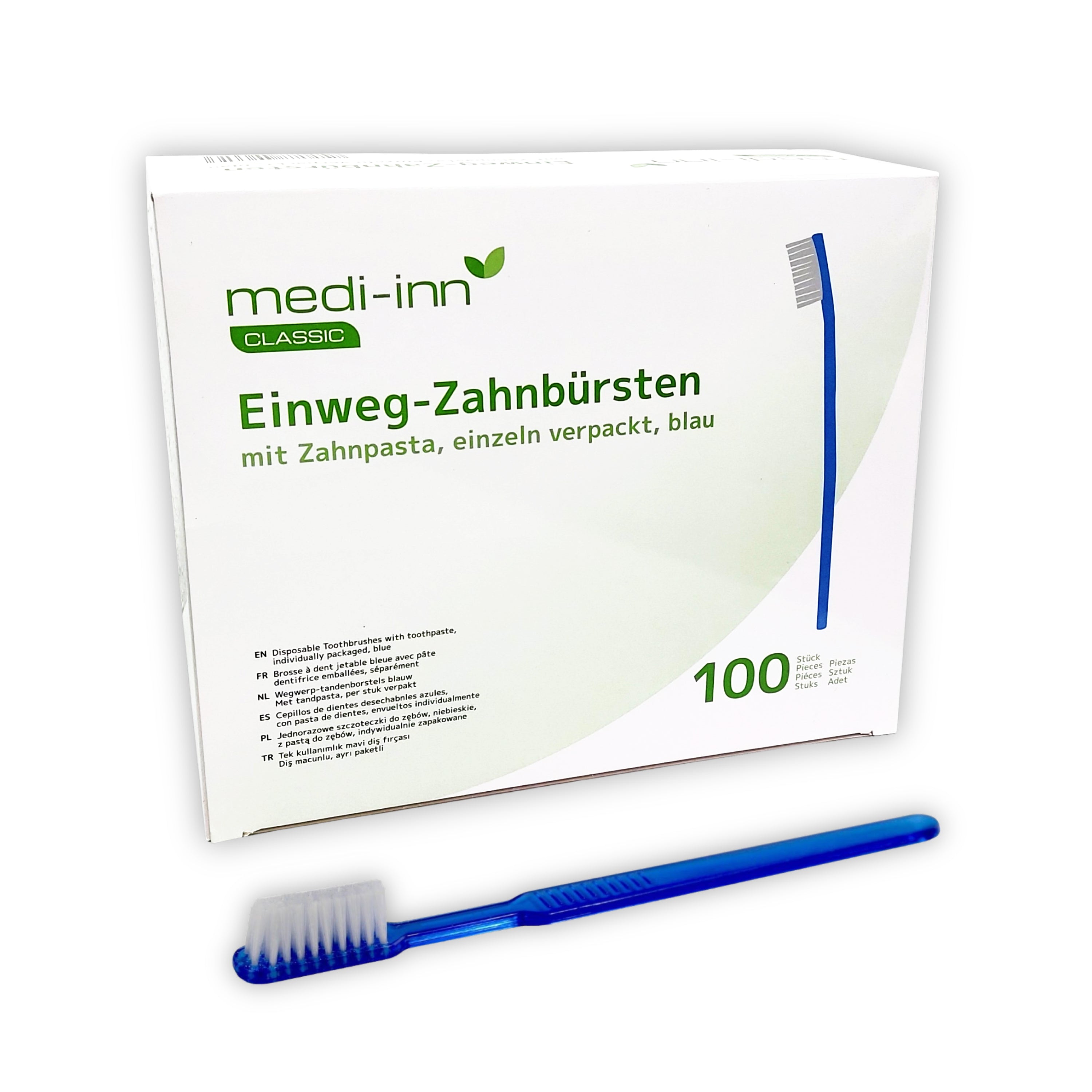 Ein einzelnes Hygiene-Zahnbürsten-Pack mit Zahnpasta in einer blauen Verpackung. Die Zahnbürste hat weiche Borsten in Weiß und einen ergonomischen Griff. Auf der Verpackung sind deutlich die Begriffe "Einmalzahnbürsten" und "mit Zahnpasta" zu erkennen. Der Hintergrund ist neutral gehalten, um die Produkte hervorzuheben. Die gesamte Präsentation vermittelt einen praktischen, hygienischen Ansatz für die Zahnpflege, ideal für Reisen oder den Einsatz in öffentlichen Einrichtungen.