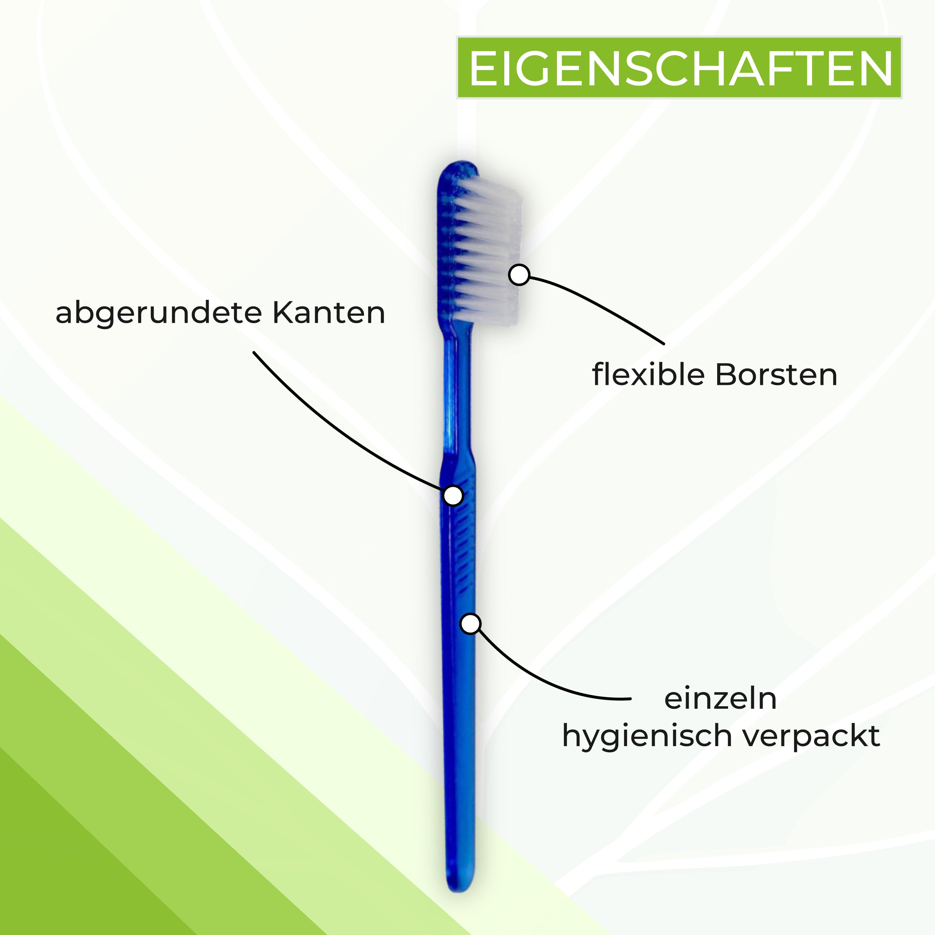 Einzeln hygienisch verpackte Medi Inn Einmalzahnbürsten in Blau. Jede Zahnbürste hat einen ergonomischen Griff und feine Borsten, die sanft zu Zähnen und Zahnfleisch sind. Die Verpackung zeigt eine transparente Folie, die die Bürsten vor Verunreinigungen schützt. Auf der Verpackung sind klare Informationen über die Anwendung und die Einmalnutzung gedruckt. Ideal für Reisen oder in der medizinischen Versorgung, um eine hohe Hygiene sicherzustellen.
