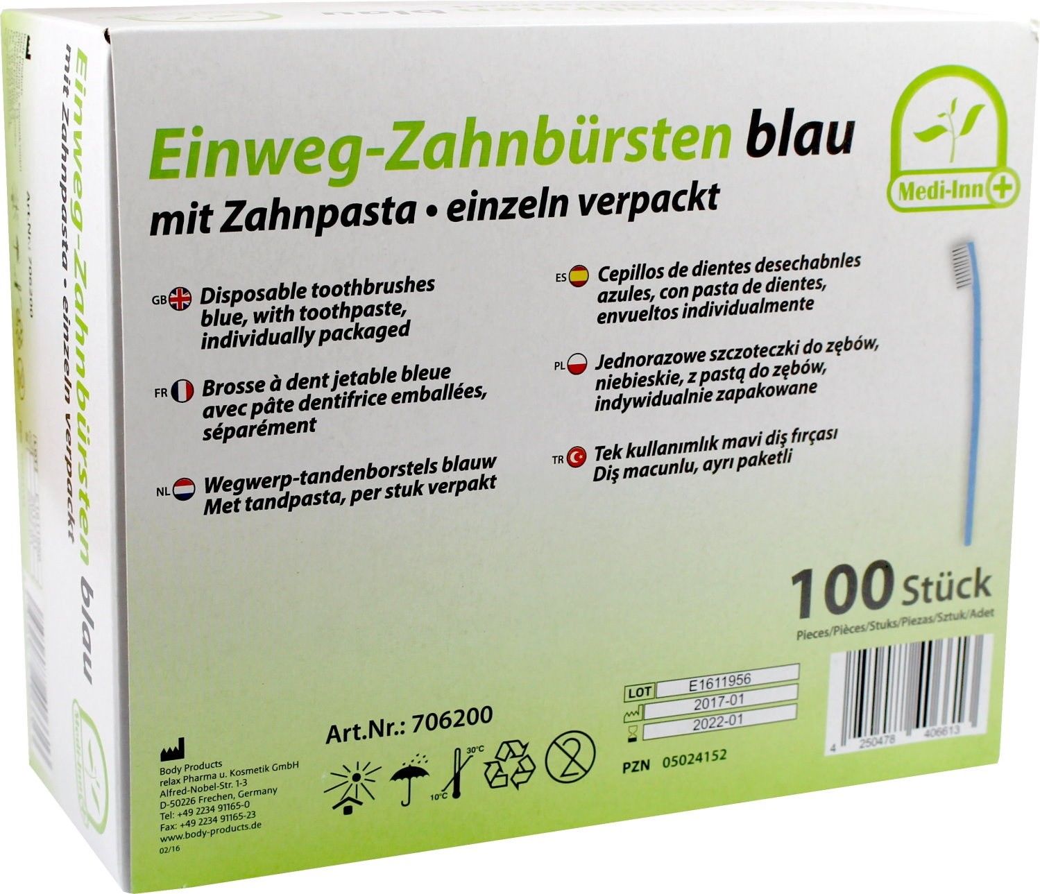 Einzelne hygienisch verpackte Einweg-Zahnbürsten in blau, ideal für die persönliche Mundpflege unterwegs. Jede Zahnbürste ist in einer transparenten, versiegelten Verpackung untergebracht, um optimale Hygiene zu gewährleisten. Die Bürsten haben weiche Borsten, die sanft zu Zähnen und Zahnfleisch sind. Neben der Zahnbürste ist eine kleine Menge Zahnpasta in der Verpackung enthalten, die eine bequeme Zahnreinigung ermöglicht.