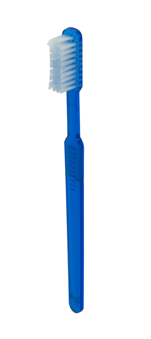 Ein einzelnes, hygienisch verpacktes Einmalzahnbürstenset in Blau, bestehend aus einer Zahnbürste mit weichen Borsten und einem integrierten Zahnpastatube, präsentiert sich auf einem weißen Hintergrund. Die Zahnbürste ist kompakt, mit einem ergonomischen Griff designed, um eine einfache Handhabung zu gewährleisten. Der Zahnpastatube ist im Griff der Zahnbürste platziert, um Platz zu sparen und die Nutzung zu erleichtern.