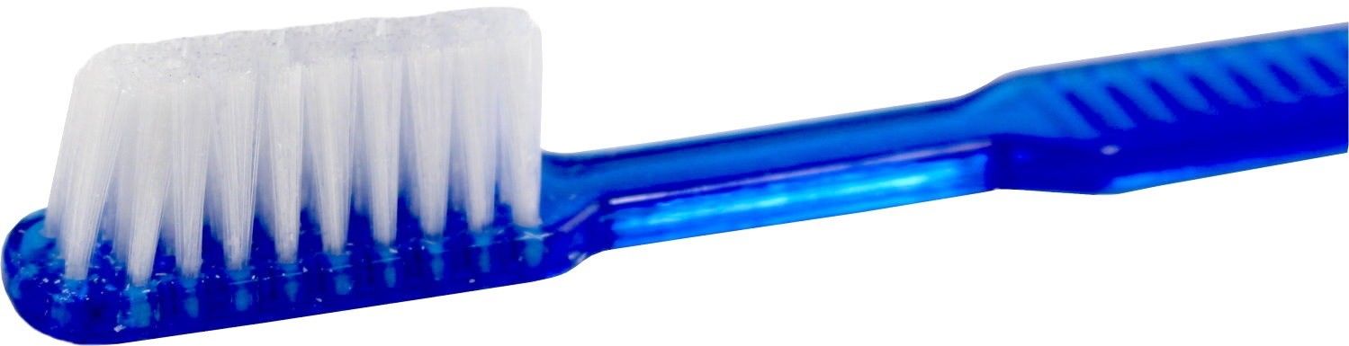 Einzeln hygienisch verpackte Medi-Inn Einmalzahnbürsten in Blau. Jede Zahnbürste hat einen weißen Griff und weiche Borsten, die auf der Oberseite leicht gebogen sind. Die Verpackung zeigt auf der Vorderseite das Produktlogo und eine klare Sicht auf die Zahnbürste im Inneren. Im Hintergrund ist eine minimalistische, helle Oberfläche zu sehen, die einen sauberen und modernen Eindruck vermittelt.