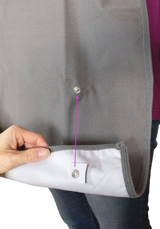 Nahaufnahme der Druckknöpfe zum Befestigen der Auffangtasche am medi-inn Esslätzchen – einfache Handhabung durch Druckknopfsystem.