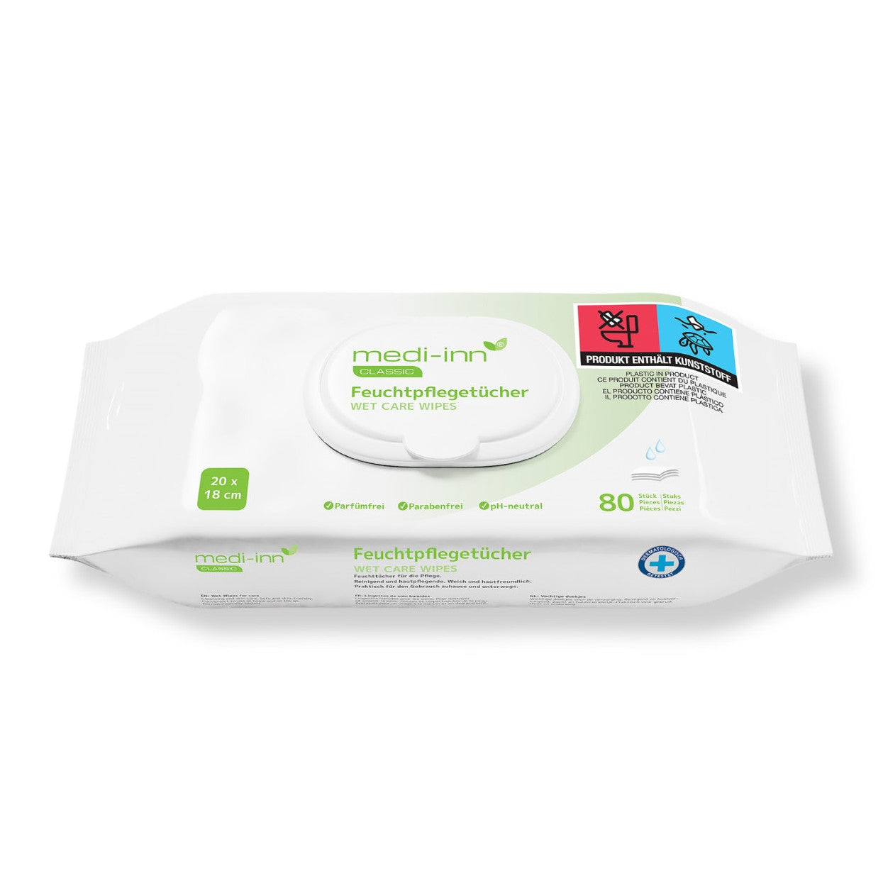Produktbild von Medi Inn Feuchttüchern, 20 x 18 cm, verpackt in einer transparenten Folientüte. Die Tüte zeigt eine ansprechende Gestaltung mit einem pastellgrünen Hintergrund. Auf der Vorderseite steht der Produktname "Feuchtpflegetücher" in klarer, gut lesbarer Schrift. Informationen über die Eigenschaften wie "parfum- und parabenfrei" sowie "pH-neutral" sind ebenfalls abgebildet. Die Tücher sind für schonende Hautpflege geeignet und speziell für empfindliche Haut formuliert.
