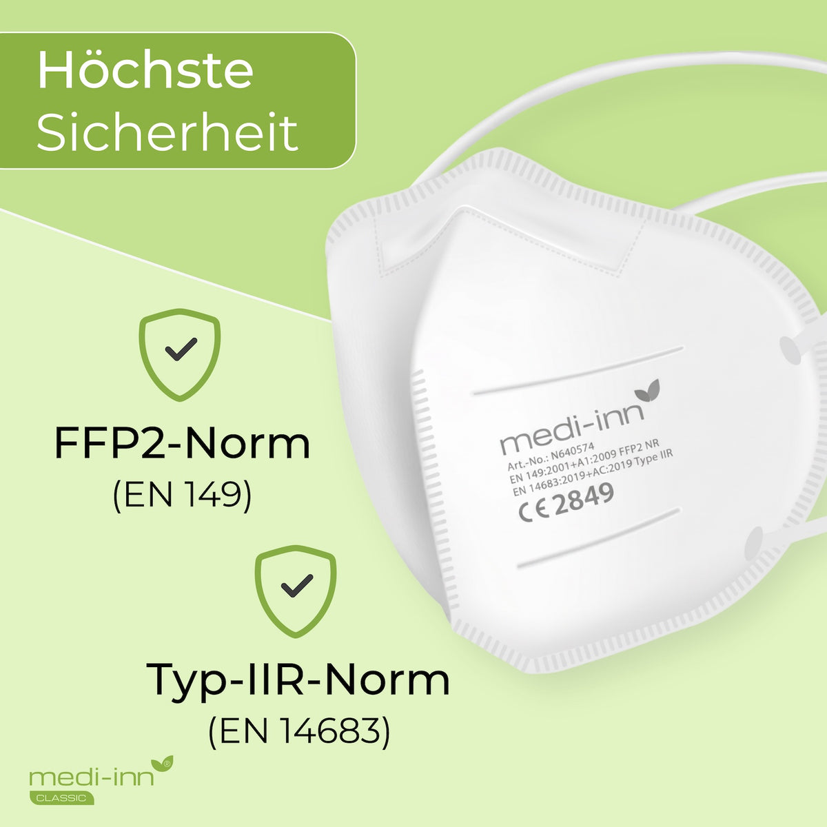 EInzeln entnommene Medi-Inn FFP2 Maske mit den Hinweisen: FFP2-Norm (EN 149), Typ IIR Norm (EN 14683).