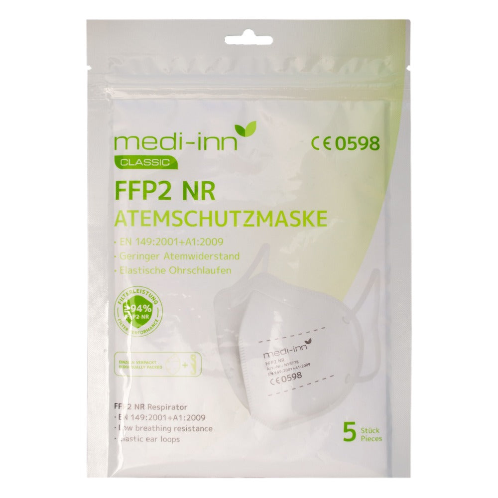 Verpackung der medi-inn FFP2 NR Atemschutzmaske – 5 Stück, CE-zertifiziert, mit Angaben zu Normen, Eigenschaften und Produktabbildung.