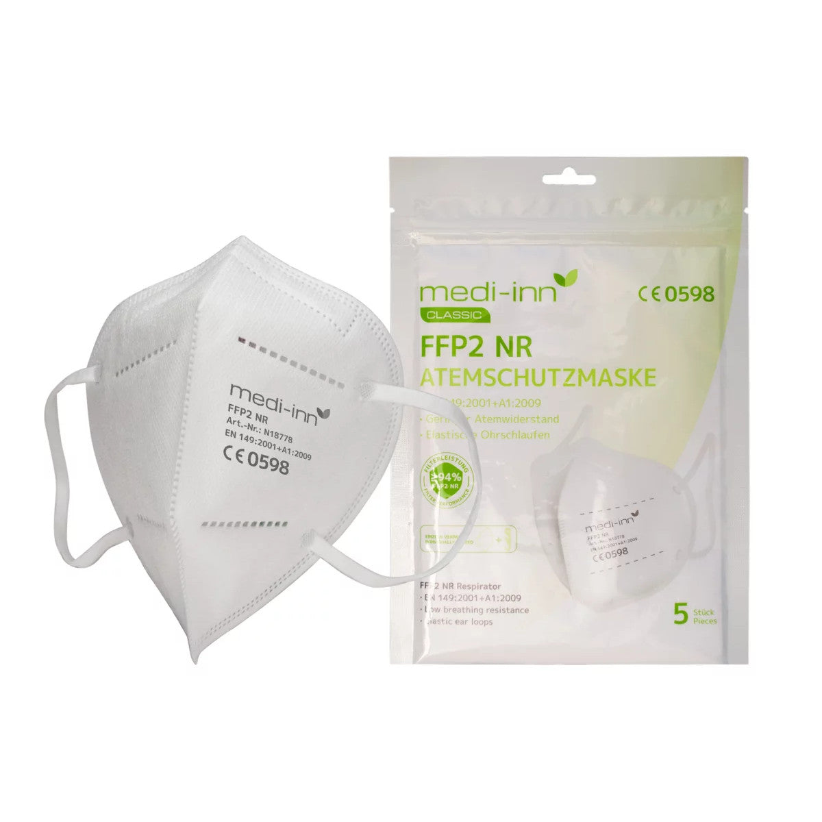 Medi-inn FFP2 NR Atemschutzmaske neben der Originalverpackung, beide mit Produktkennzeichnung und CE-Zertifizierung.