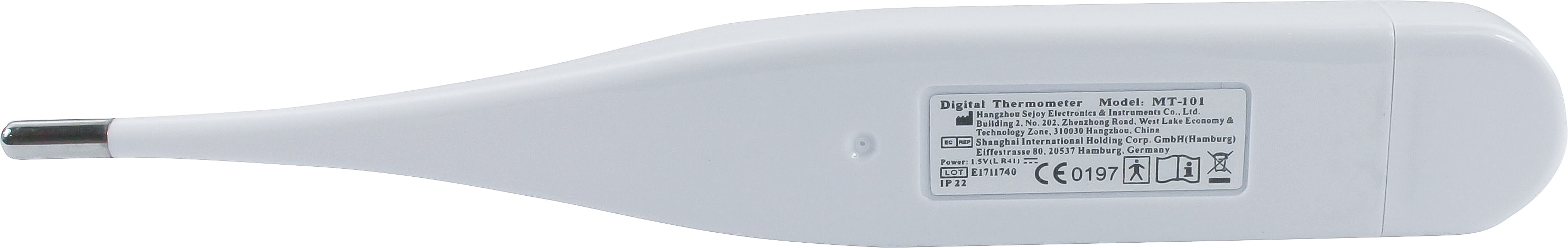 Bild eines digitalen Fieberthermometers mit starrem Ende. Das Thermometer hat ein schlichtes, modernes Design in Weiß mit blauen Akzenten. Die große digitale Anzeige zeigt die Temperatur in klaren Ziffern an. Am Ende des Thermometers befindet sich die starre Spitze, die für präzise Messungen sorgt. Das Gerät liegt auf einem neutralen Hintergrund, was den Fokus auf das Produkt richtet. Es eignet sich ideal zur genauen Temperaturmessung bei Erwachsenen und Kindern.