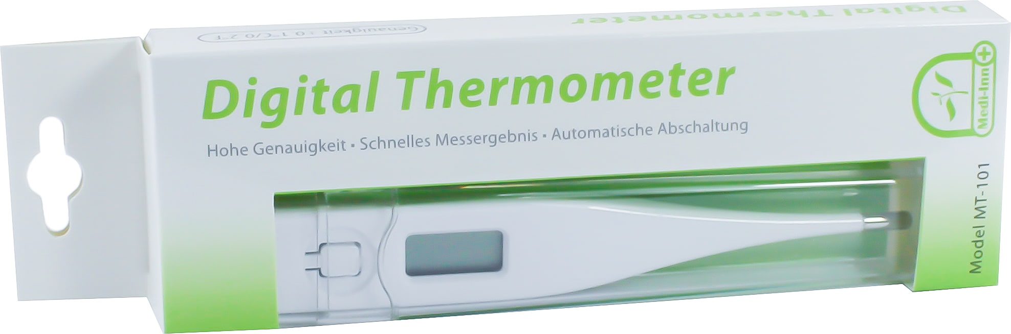 Digitales Fieberthermometer von Medi-Inn mit starrer Spitze, Modell MT-101. Das Thermometer zeigt eine einfache, ergonomische Form mit einem weißen Gehäuse und klar lesbarem LCD-Display. Die Temperaturmessung erfolgt präzise und schnell, indem es am Mund, unter dem Arm oder in rektaler Anwendung platziert wird. Die Tasten zur Bedienung sind deutlich sichtbar. Das Produkt eignet sich gut für die Anwendung in Haushalten, in denen die Gesundheit von Groß und Klein im Mittelpunkt steht.