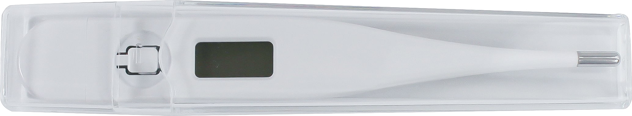 Digitales Fieberthermometer mit starrer Spitze, Modell MT-101, auf weißem Hintergrund. Das Thermometer verfügt über ein schlankes, modernes Design und ist in einem sanften Blauton gehalten. Die Anzeige zeigt eine digitale Temperaturablesung in großen, gut lesbaren Ziffern. Am unteren Ende des Thermometers befindet sich die starre Spitze. Das Produkt ist für die schnelle und präzise Messung der Körpertemperatur geeignet und wird häufig in privaten Haushalten sowie in medizinischen Einrichtungen verwendet.