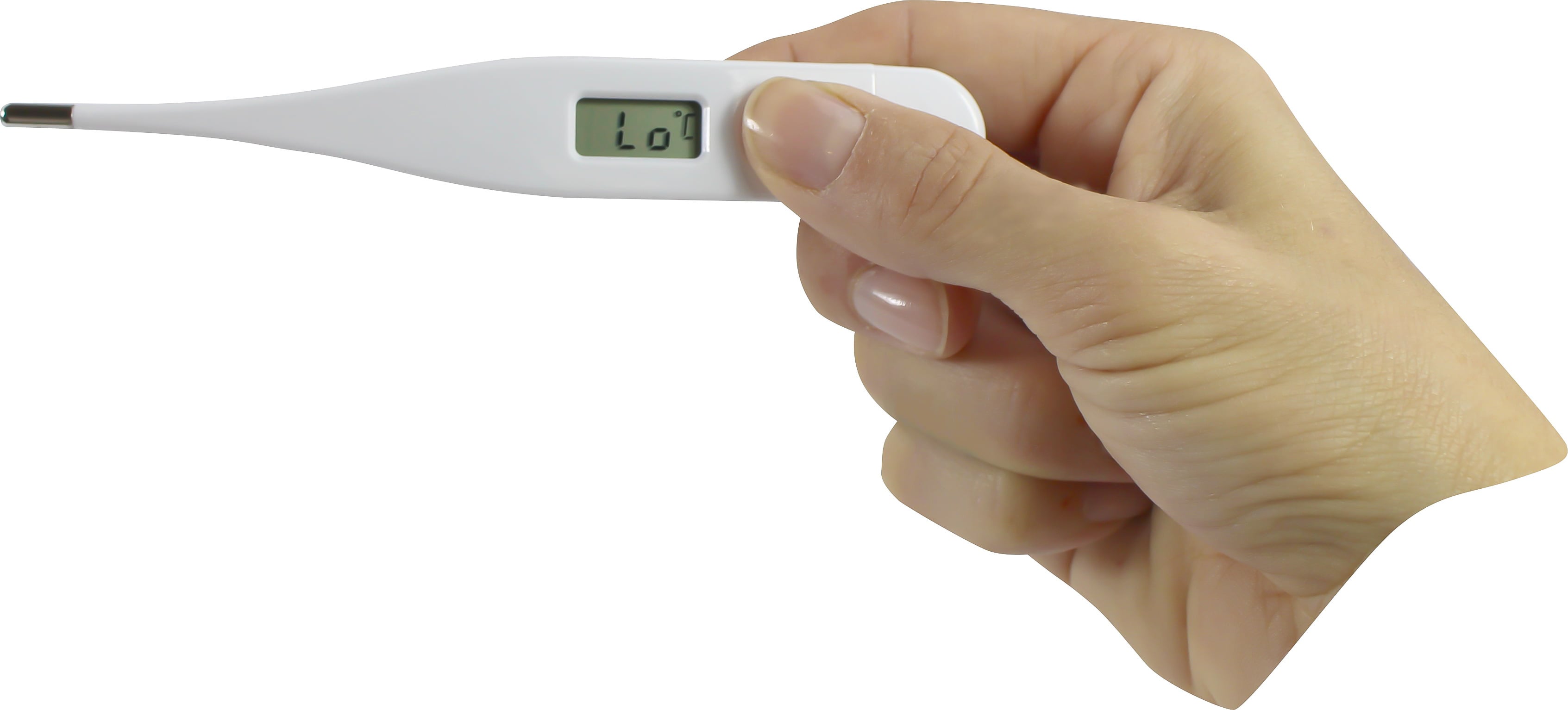 Digitales Fieberthermometer mit starrem Spitzendesign, vorgestellt auf einem neutralen weißen Hintergrund. Das Thermometer hat ein schlankes, modernes Aussehen mit einer klaren digitalen Anzeige, die aktuelle Temperaturwerte zeigt. Die Temperaturmessskala ist gut lesbar, und das Gehäuse besteht aus speziellem Kunststoff, der sowohl robust als auch leicht ist. An der Spitze ist das Thermometer schmal gerundet, was eine einfache Anwendung in verschiedenen Bereichen ermöglicht.