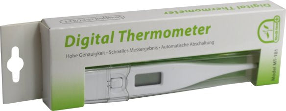 Digitales Fieberthermometer mit starrer Spitze, ideal für die schnelle und präzise Messung der Körpertemperatur. Das Thermometer hat ein schlankes, ergonomisches Design in einer weißen Farbe. Die messbare Temperatur wird auf einem gut lesbaren LCD-Display angezeigt. Es ist spritzwassergeschützt und eignet sich für den Einsatz bei Erwachsenen und Kindern. Im Hintergrund ist eine neutrale, unscharfe Fläche zu sehen, die das Produkt hervorhebt.