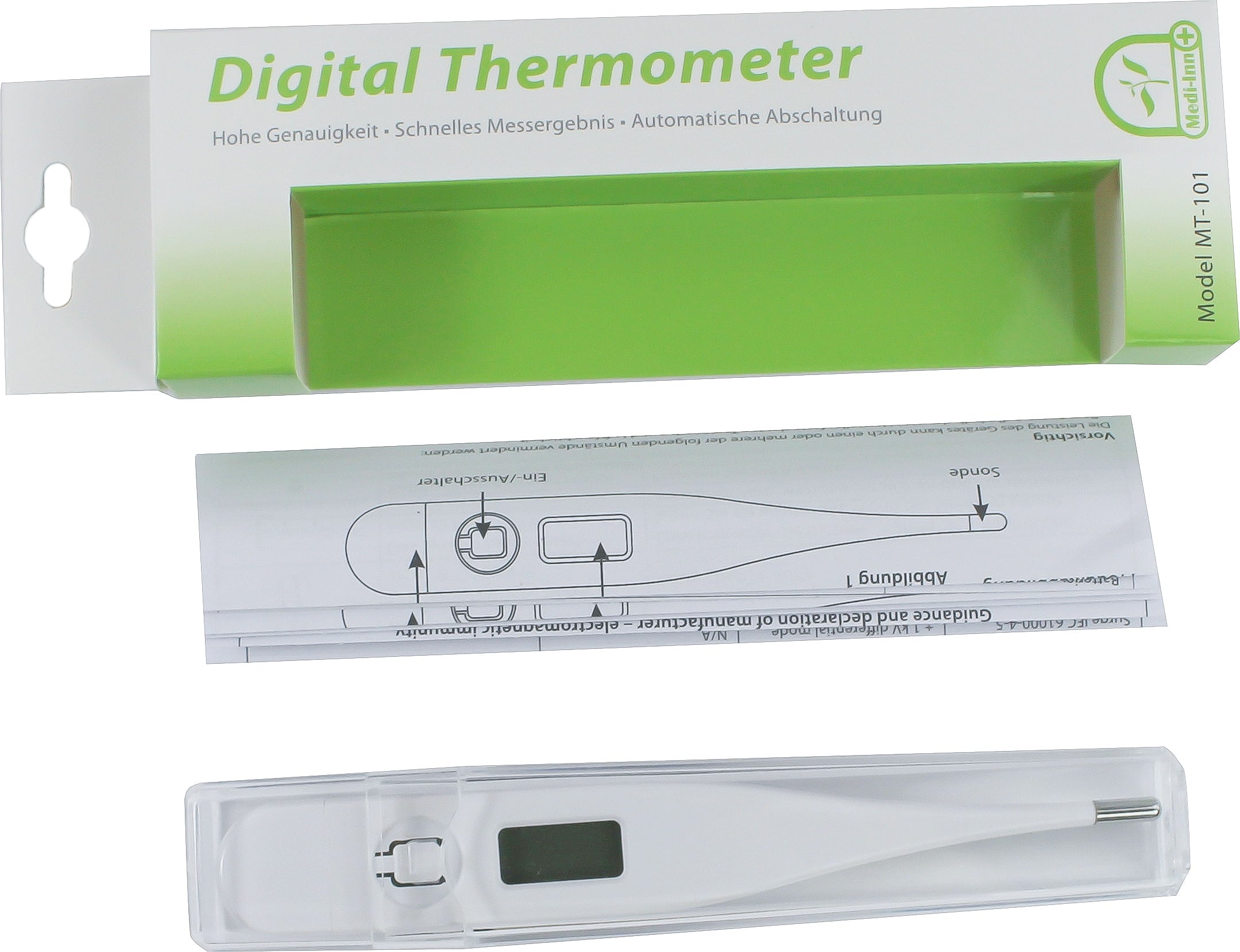Digitales Fieberthermometer mit starrer Spitze, Modell MT-101. Das Thermometer hat ein schlankes, ergonomisches Design in Weiß mit blauen Akzenten. Es verfügt über ein großes, gut lesbares LCD-Display, das die Temperaturanzeige in Celsius oder Fahrenheit zeigt. Der Temperaturbereich reicht von 32°C bis 42.9°C. Eine schnelle Messzeit und ein akustisches Signal beim Abschluss des Messvorgangs sind vorhanden. Ideal für die Anwendung bei Säuglingen, Kindern und Erwachsenen.