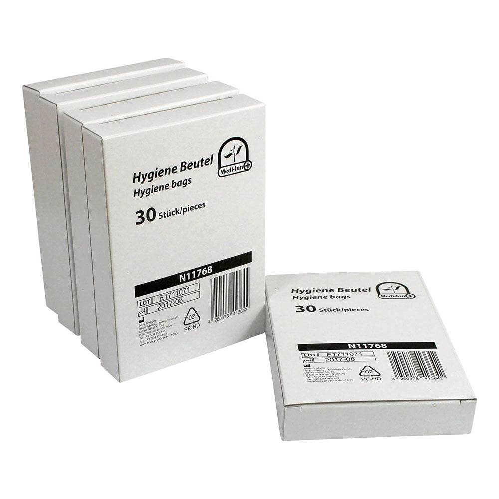 Weißer Hygienebeutel im 30er-Pack, abgebildet auf einem hellen Hintergrund. Der Beutel ist leicht transparent und bietet den Schriftzug "Medi Inn" oben in blau, gefolgt von einer praktische Beschreibung der Verwendung. Eine stilisierte Darstellung eines Mülleimers, der die Funktion des Beutels verdeutlicht, ist im unteren Bereich zu sehen. Das Design vermittelt Einfachheit und Sauberkeit.