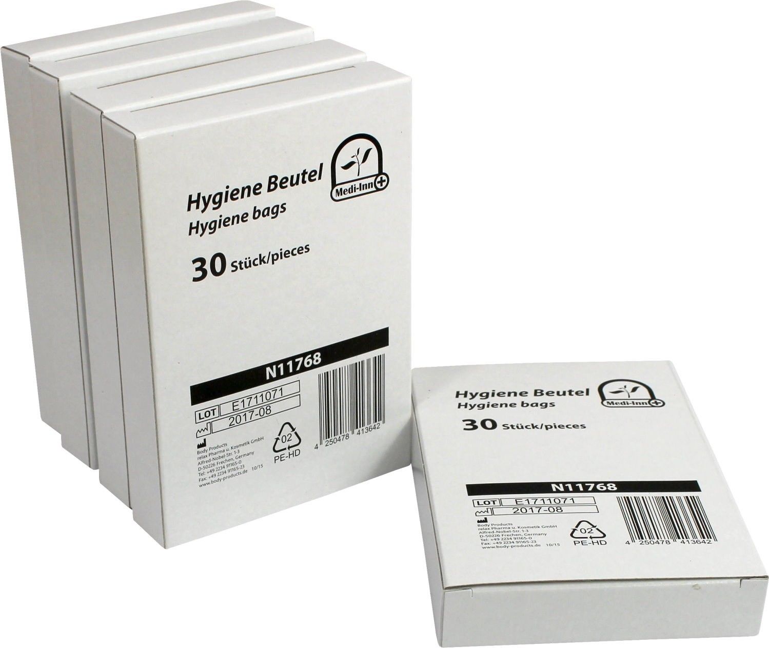 Medi-Inn Hygienebeutel, 30er Pack: Das Bild zeigt eine ansprechende Verpackung der hygienischen Entsorgungsbeutel, die in einer klaren Plastikfolie verpackt sind. Im Vordergrund ist der Produktname "Medi-Inn Hygienebeutel" in gut lesbarer Schrift zu sehen, begleitet von einem ansprechenden Design in Weiß und Blau. Der Hinweis auf die 30 Stück pro Packung ist ebenfalls sichtbar.