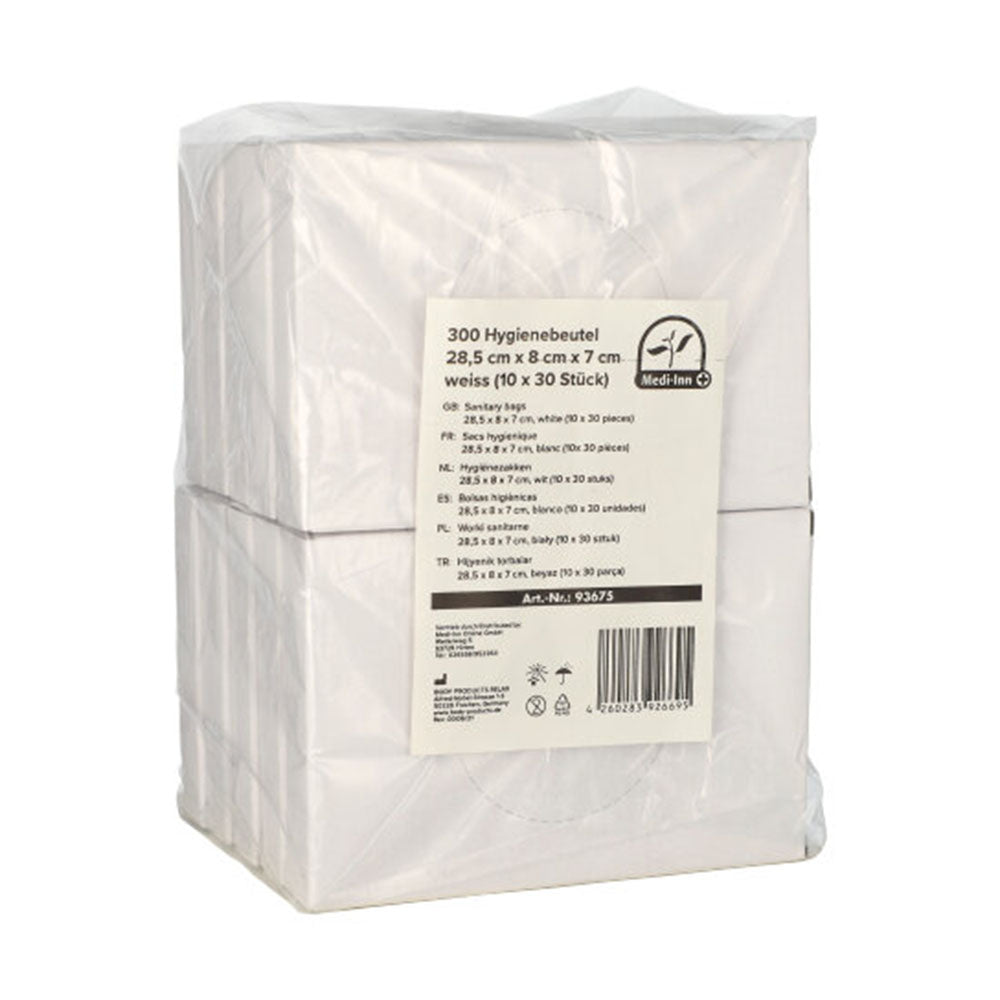 Bild eines Sets von Hygienebeuteln für Damenbinden. Das Produkt ist in einem transparenten Plastebeutel verpackt und enthält 10 Einzelpackungen, jede mit 30 Beuteln. Die Hygienebeutel sind in einer zarten pastellfarbenen Gestaltung gehalten und zeigen eine dezente Beschriftung. Der Hintergrund ist unauffällig, um die Beutel hervorzuheben. Die Packung erscheint sauber und ordentlich, ideal für die Aufbewahrung von Damenhygieneprodukten. Das Bild vermittelt den Eindruck von Praktikabilität und Hygiene.