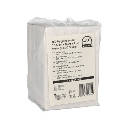 Ein Paket mit insgesamt fünf hygienischen Beuteln, die zur einfachen Entsorgung von Damenbinden, Slipeinlagen und Tampons verwendet werden. Jeder Beutel ist individuell verpackt und lässt sich leicht entnehmen. Das Design ist schlicht und funktional, mit einer klaren Kennzeichnung des Verwendungszwecks. Die Beutel bieten eine diskrete Lösung zur Aufbewahrung und Entsorgung von Hygieneprodukten und sind ideal für den Einsatz zu Hause oder unterwegs.