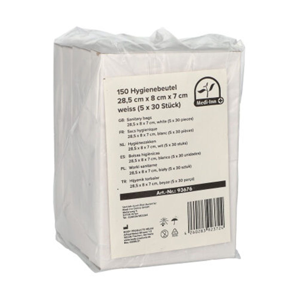 Bild eines Sets von Hygienebeuteln, das fünf Packungen zu je 30 Beuteln zeigt. Die Beutel sind transparent und in einem praktischen, kompakten Format verpackt, ideal zur diskreten Entsorgung von Damenbinden, Slipeinlagen und Tampons. Auf der Vorderseite der Verpackung sind Grafiken von Hygieneartikeln abgebildet, um die Verwendung der Beutel zu verdeutlichen. Der Hintergrund ist schlicht, wodurch der Fokus auf den Hygienebeuteln bleibt.