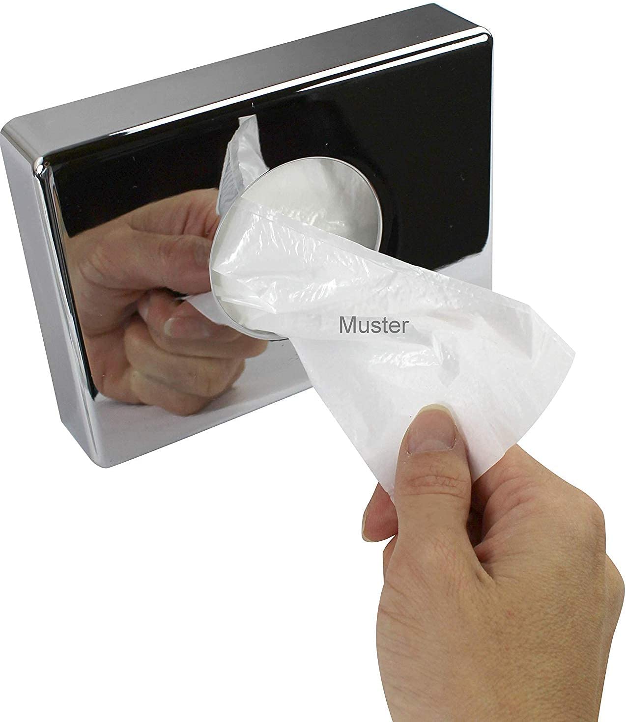 Weißer Hygienebeutelspender aus robustem Kunststoff, ideal für öffentliche Toiletten. Der Spender hat eine ovale Form mit abgerundeten Kanten und einer glatten, glänzenden Oberfläche. Auf der Vorderseite ist ein durchsichtiger Bereich, durch den die Beutel sichtbar sind. Der Spender lässt sich leicht anbringen und öffnen, was die Nachfüllung der Hygienebeutel erleichtert.