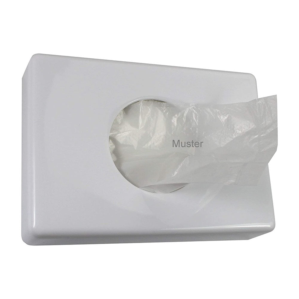 Weißer Hygienebeutelspender aus glattem Kunststoff, rechteckig mit abgerundeten Ecken. Die Vorderseite ist mit einer großen, durchsichtigen Öffnung ausgestattet, die den Zugriff auf die Hygienebeutel ermöglicht. Oben befindet sich eine Halterung für die Wandmontage, die eine einfache Installation in sanitären Einrichtungen gewährleistet. Der Spender ist schlicht und funktional, ideal für öffentliche Toiletten, um Hygieneartikel bereitzustellen.