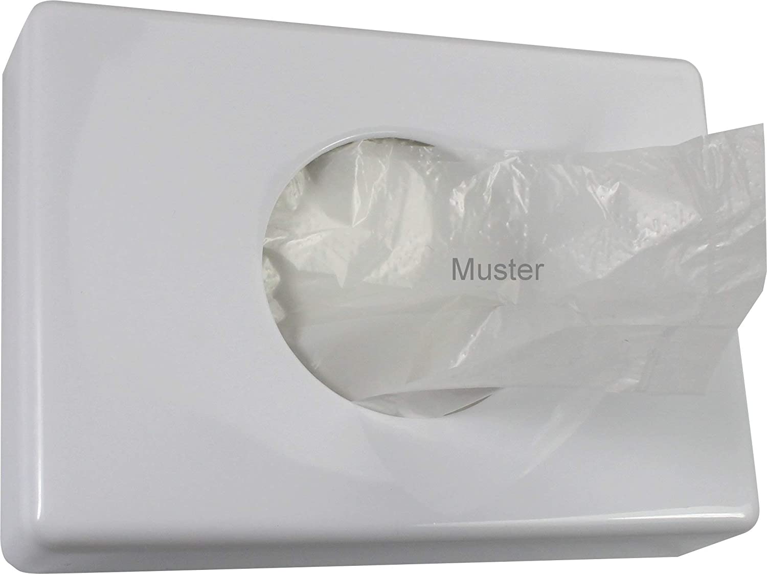 Hygienebeutelspender in modernem Design, aus hochwertigem, langlebigem Kunststoff mit weißer Oberfläche. Der Spender ist rechteckig mit abgerundeten Kanten, das obere Ende ist leicht nach vorne geneigt. An der Vorderseite befindet sich eine großzügige Öffnung für den einfachen Zugriff auf die Hygienebeutel. Der Spender ist an der Wand montierbar, verfügt über zwei seitliche Löcher zur Befestigung. Ideal für sanitäre Einrichtungen wie Toiletten in Restaurants, Fitnessstudios oder öffentlichen Gebäuden.