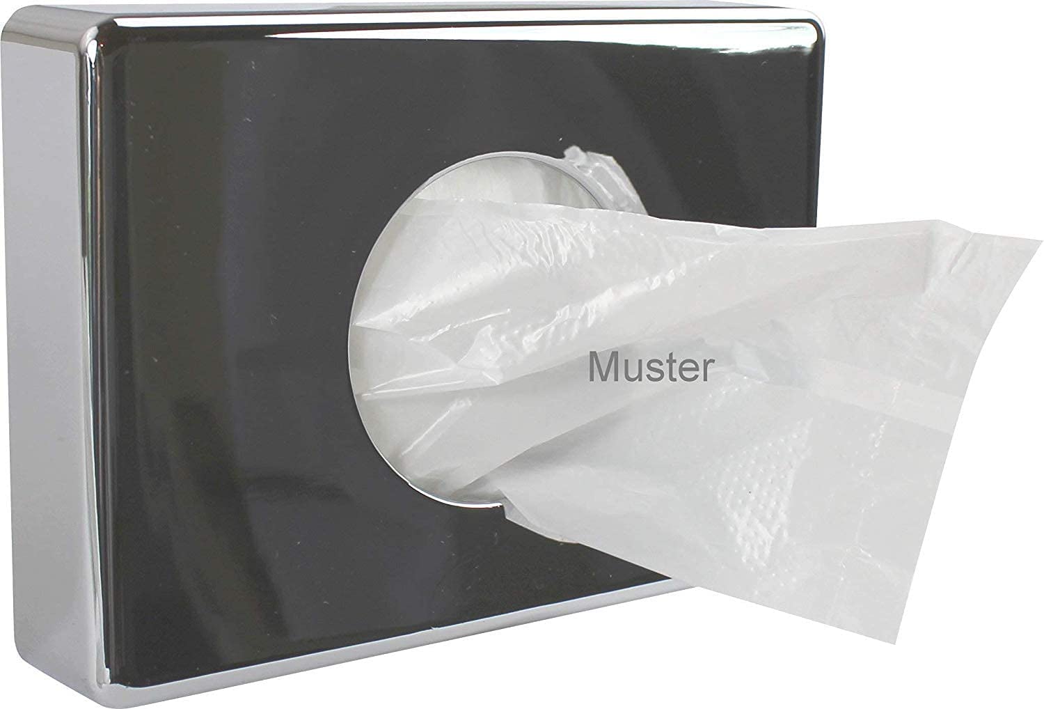 Ein Hygienebeutelspender aus robustem, weißem Kunststoff, konzipiert für die Wandmontage, um Hygieneprodukte sicher und bequem anzubieten. Der Spender hat eine transparente Frontseite, die den Inhalt sichtbar macht. Er ist mit einer Klappe ausgestattet, die das Entnehmen von Beuteln erleichtert. Auf der Vorderseite befindet sich ein dezent gestaltetes Logo in gedämpften Farben. Der Spender hat abgerundete Ecken für eine sichere Handhabung.