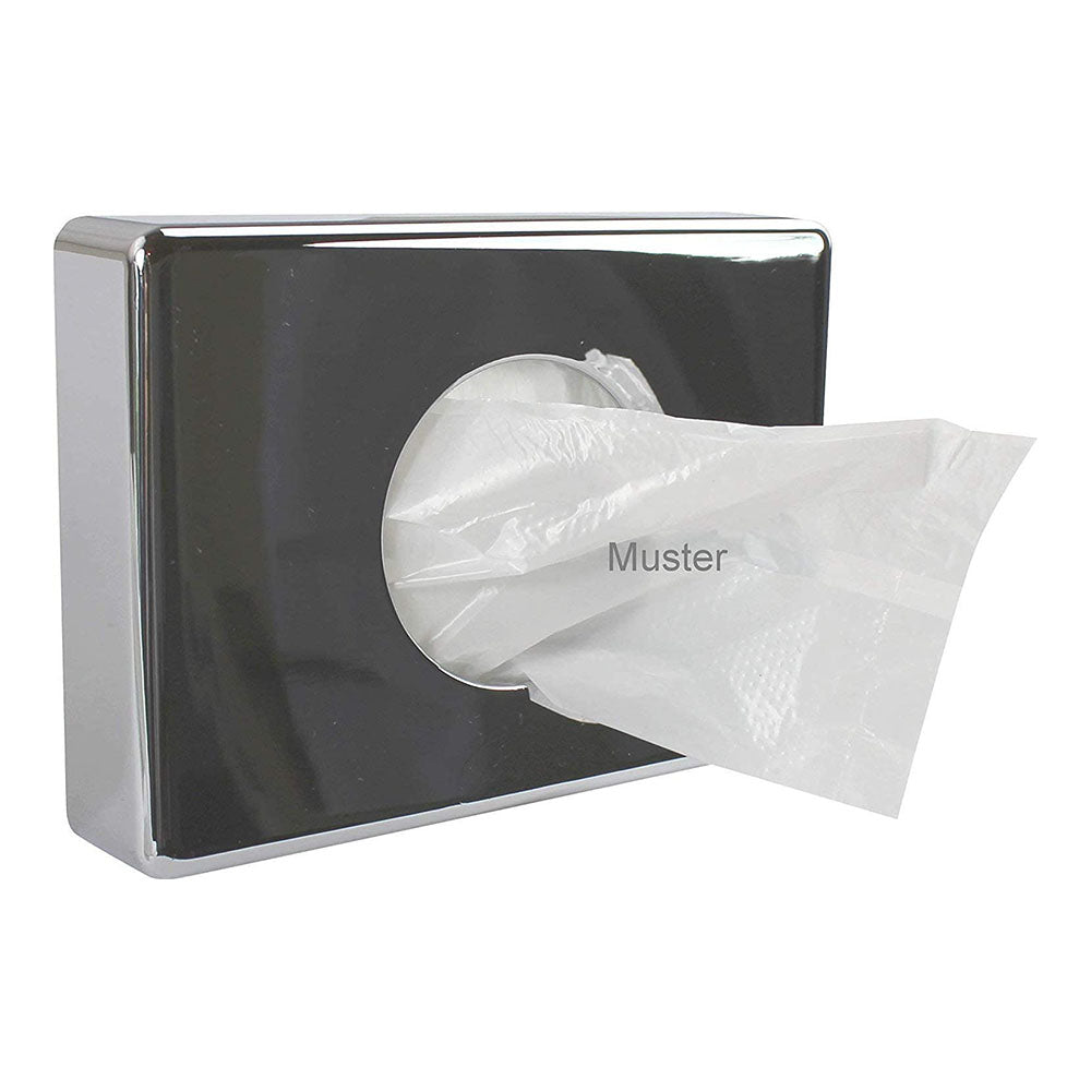 Weißer Hygienebeutelspender aus Kunststoff, gestaltet für die Wandmontage. Er hat eine rechteckige Form mit abgerundeten Ecken und einer glatten Oberfläche, die leicht zu reinigen ist. Auf der Vorderseite befindet sich eine klare Öffnung, durch die hygienische Beutel entnommen werden können. Der Spender ist schlicht und zeitlos, ideal für öffentliche Toiletten oder Einrichtungen, die auf Sauberkeit und Hygiene großen Wert legen.