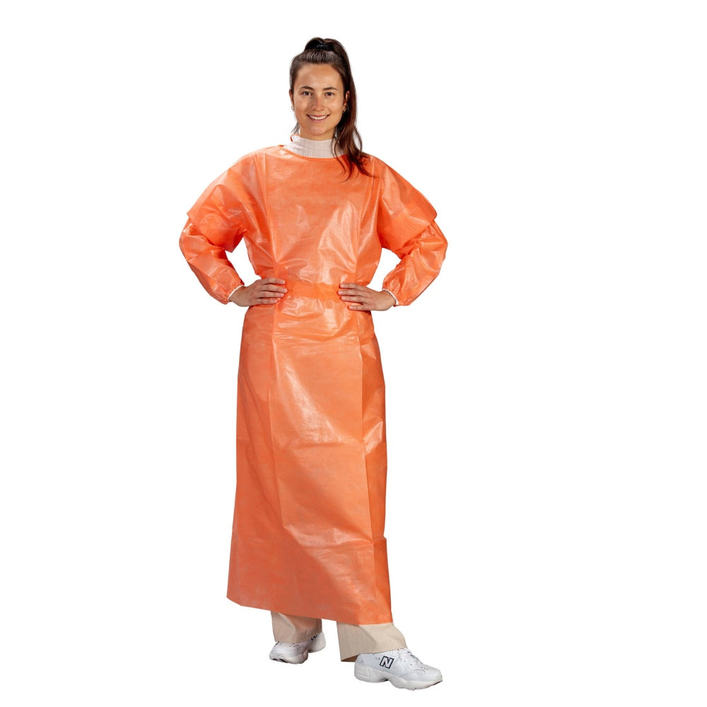Ein leuchtend orangefarbener Infektionsschutzkittel aus PP-Material mit PE-Vollbeschichtung liegt auf einem hellen Hintergrund. Der Kittel zeigt eine großzügige, locker fallende Passform, die den gesamten Oberkörper bedeckt und eine hohe Bewegungsfreiheit bietet. An den Ärmeln sind die Ränder elastisch gestaltet, um einen sicheren Sitz zu gewährleisten. Der Kittel ist mit einheitlicher Struktur und ohne sichtbare Details oder Logos.
