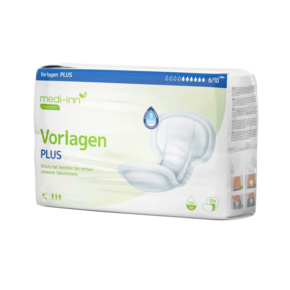 Verpackung der "medi-inn Classic Vorlagen PLUS", Inkontinenzvorlagen für leichte bis mittelschwere Inkontinenz. Die Verpackung ist weiß mit grünen und blauen Elementen. Abgebildet ist eine Vorlage, daneben Symbole und Informationen zur Saugfähigkeit (1800 ml) und Stückzahl (30 Stück).