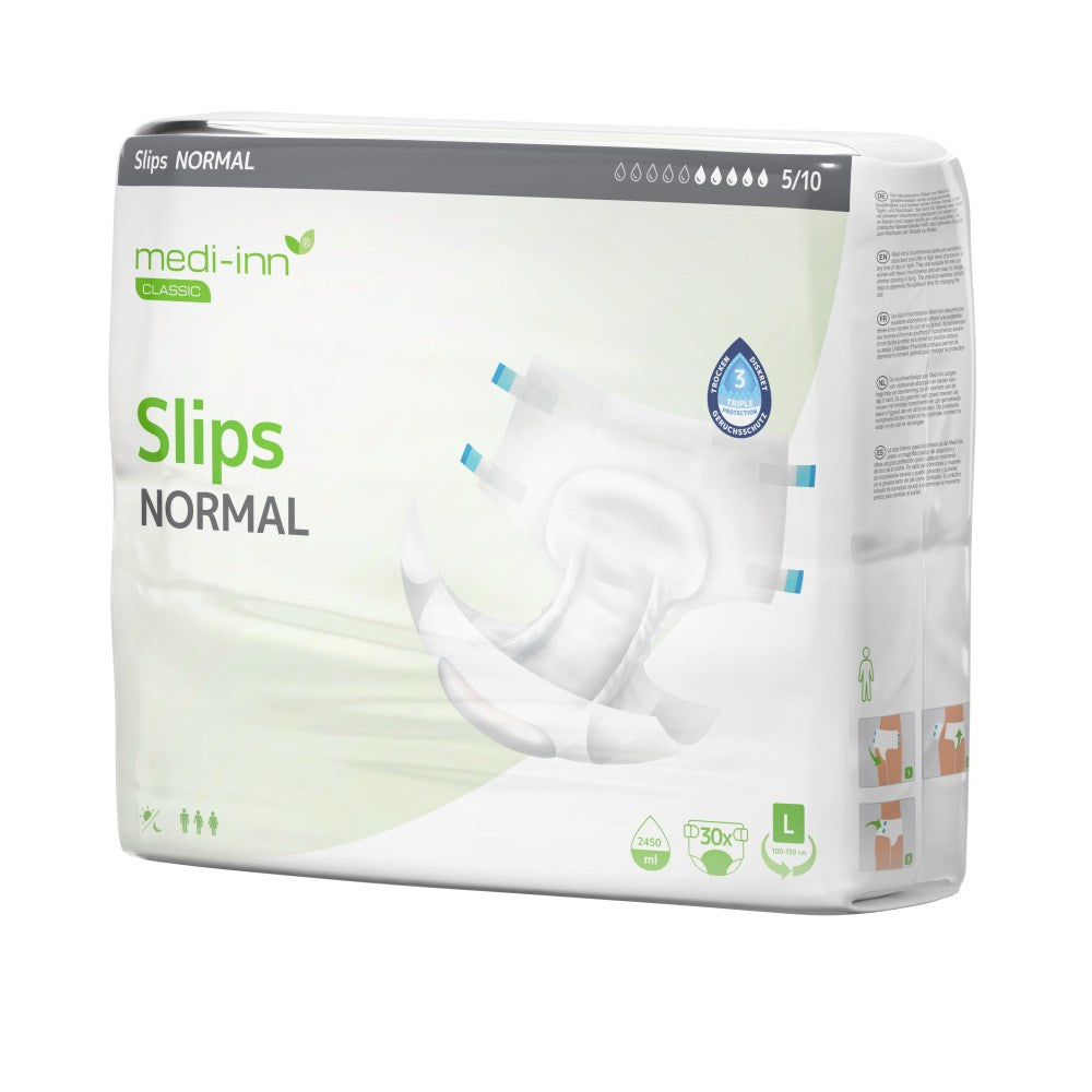 Verpackung der Medi-Inn Classic Inkontinenz-Slips NORMAL in Größe L. Die Verpackung ist weiß mit grünen und grauen Akzenten, zeigt ein Produktbild des Slips und enthält Symbole für Unisex-Passform, Saugvolumen (2450 ml) und Klettverschlüsse.