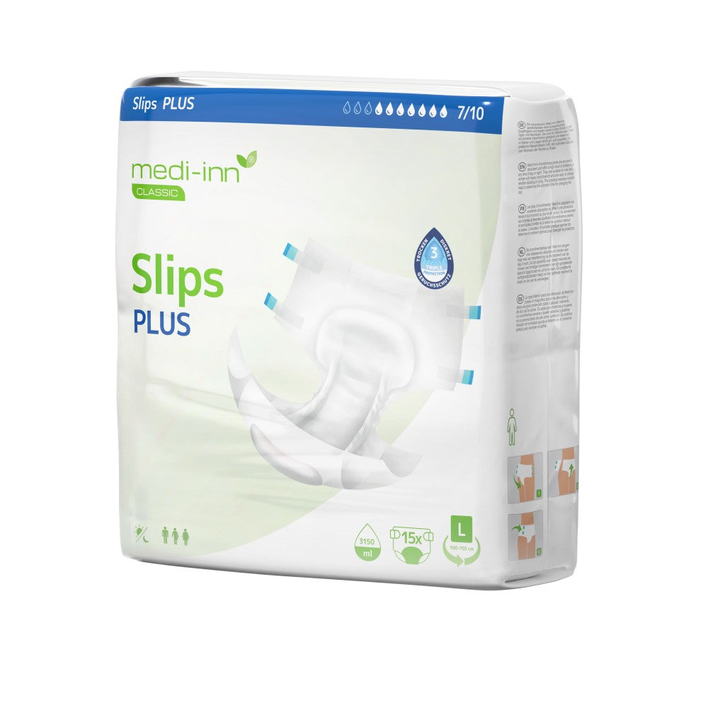 Verpackung der Medi-Inn Classic Inkontinenz-Slips PLUS in Größe L. Die Verpackung ist weiß mit grünen und blauen Akzenten, zeigt ein Produktbild des Slips und enthält Symbole für Unisex-Passform, Saugvolumen (3150 ml) und Klettverschlüsse.