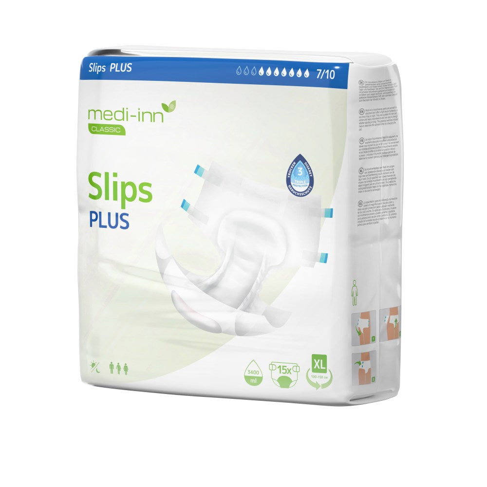 Verpackung der Medi-Inn Classic Inkontinenz-Slips PLUS in Größe XL. Die Verpackung ist weiß mit grünen und blauen Akzenten, zeigt ein Produktbild des Slips und enthält Symbole für Unisex-Passform, Saugvolumen (3400 ml) und Klettverschlüsse.