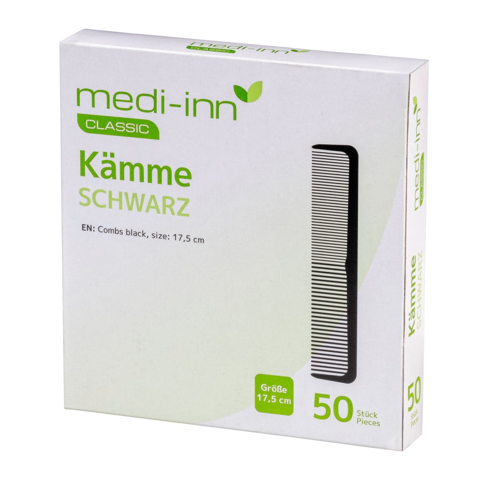 Schwarzer Kamm aus Kunststoff mit einer klaren, glatten Oberfläche. Der Kamm ist schmal und bietet feine Zinken, die gleichmäßig und präzise angeordnet sind, ideal zum Frisieren und Entwirren von Haaren. Die Griffe sind ergonomisch gestaltet, um einen bequemen Halt zu gewährleisten. Der Kamm liegt angenehm in der Hand und eignet sich sowohl für den professionellen als auch für den privaten Gebrauch.