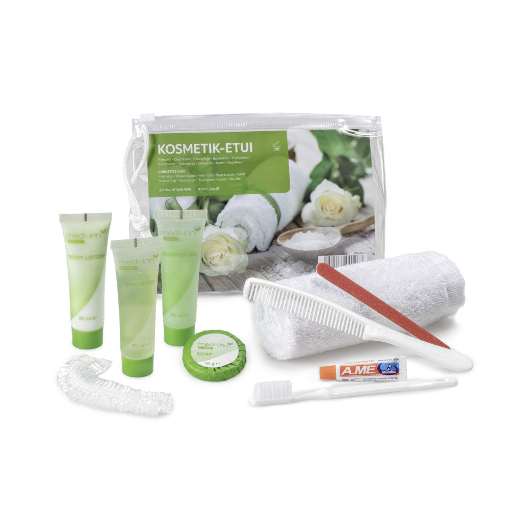 Transparentes Kosmetik-Etui mit Zipper, das 10 Produkte enthält. Das Etui zeigt eine klare PVC-Oberfläche, die den Inhalt sichtbar macht, und ist ideal für die Aufbewahrung von Make-up-Artikeln oder Pflegeutensilien. Der Zipper ist in einem schlichten, modernen Design gehalten und ermöglicht ein einfaches Öffnen und Schließen. Das Innere des Etuis ist gut strukturiert, um verschiedene Kosmetikartikel ordentlich zu halten.