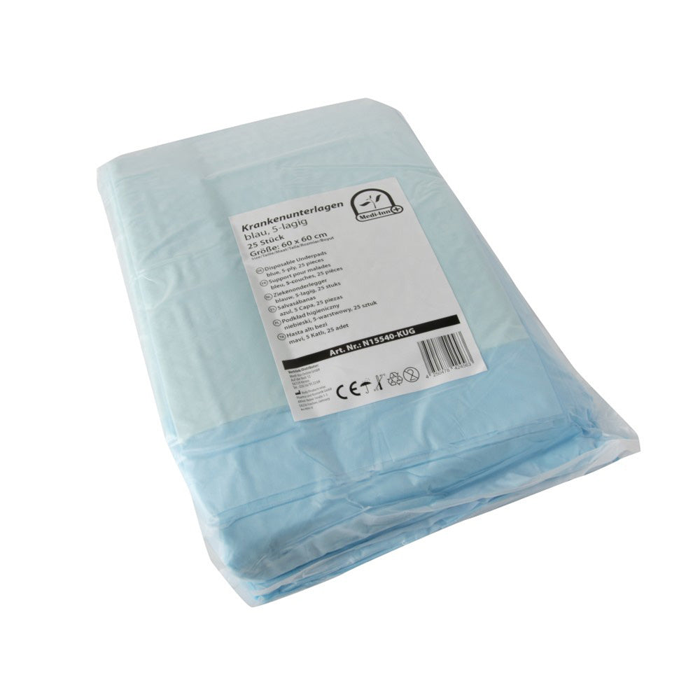 Ein 5-lagiger Krankenunterlagenpack mit 25 Stück in der Größe 60 x 60 cm. Die Unterlagen sind farblich in einem sanften Weiß-Ton dargestellt. Die obere Schicht zeigt eine glatte und strukturierte Oberfläche, während die seitlichen Ränder leicht gewellt sind. Die Verpackung präsentiert sich in einem klaren, schlichten Design, das das Produkt ansprechend und hygienisch erscheinen lässt. Ideal für den medizinischen Gebrauch, bietet die Unterlage Schutz und Komfort bei der Pflege.