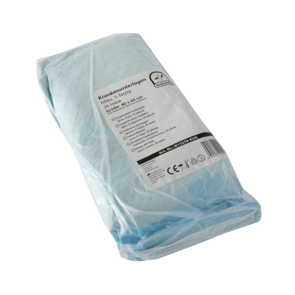 Ein Produktbild zeigt einen Stapel von 25 praktischen, 5-lagigen Krankenunterlagen in der Größe 40 x 60 cm. Die Unterlagen sind in einem leichten, hygienischen Weiß gehalten und stellen eine ideale Lösung für medizinische Anwendungen, Pflege und Hygiene dar. Die Verpackung ist ordentlich und professionell gestaltet, mit gut lesbaren Informationen über das Produkt. Eine seriöse und funktionale Darstellung, die Vertrauen in die Qualität und Zweckmäßigkeit der Einmalunterlagen vermittelt.