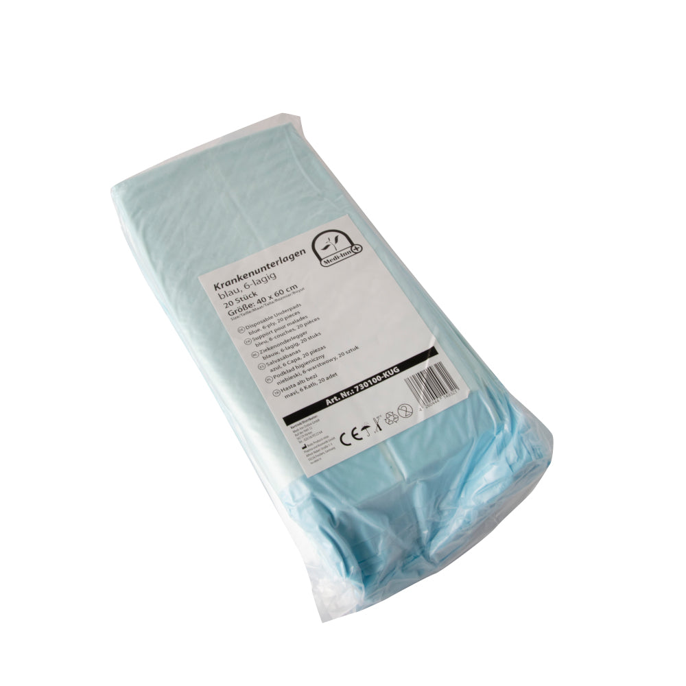 Bild zeigt eine Packung von medi-inn Krankenunterlagen, die als Einmalunterlagen konzipiert sind. Die Unterlagen sind in einem 20er-Pack mit einer Größe von 40 x 60 cm erhältlich. Auf der Vorderseite der Packung sind sechs Lagen der Unterlagen sichtbar, die eine hohe Saugfähigkeit und Schutz bieten. Der Hintergrund ist neutral, um die Produktdetails hervorzuheben. Die Verpackung ist klar und professionell gestaltet, um Vertrauen zu schaffen.